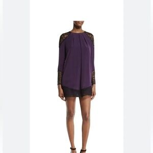 Alice and Olivia Gracie Mini Silk tunic Lace Dress XS $595 PURPLE and black